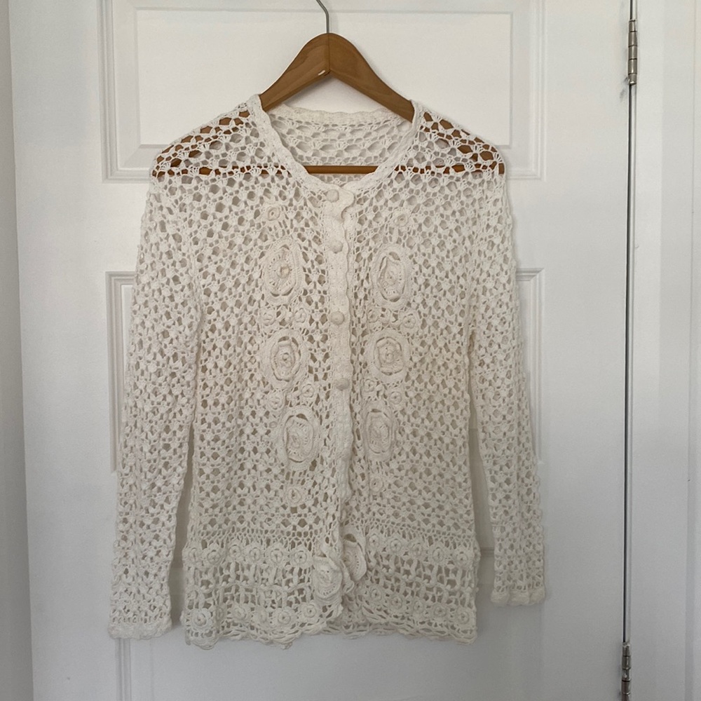Boho Crochet Button-Down Cardigan - Cream